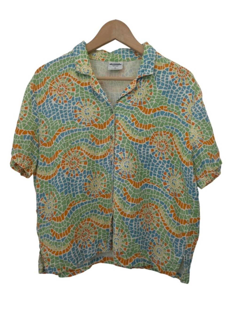 Vtg California Threads Mosaic Print Button-Up Crop Linen Shirt Handmade In USA M